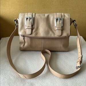 b. makowsky Beige Leather Crossbody Bag with Silver Buckles
